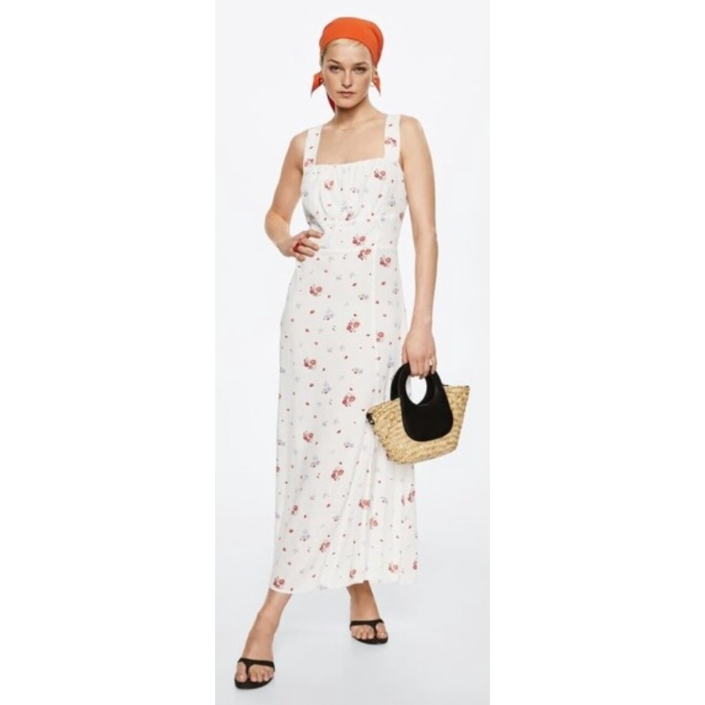 Mango Floral Smocked Midi Dress White Viscose Cottagecore 2XL